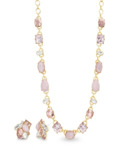 Shop Catherine Malandrino Women's Pink Rhinestone Yellow Gold-tone Cluster Earring And Necklace Set