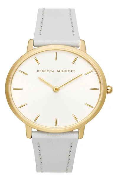 Shop Rebecca Minkoff Major Leather Strap Watch, 35mm In Grey / Silver White/ Gold