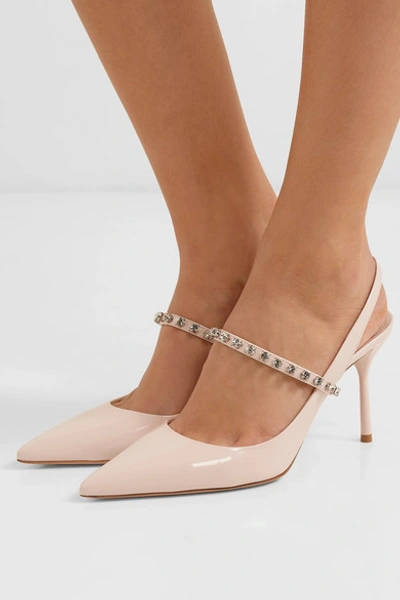 Shop Miu Miu Crystal-embellished Patent-leather Slingback Pumps In Baby Pink