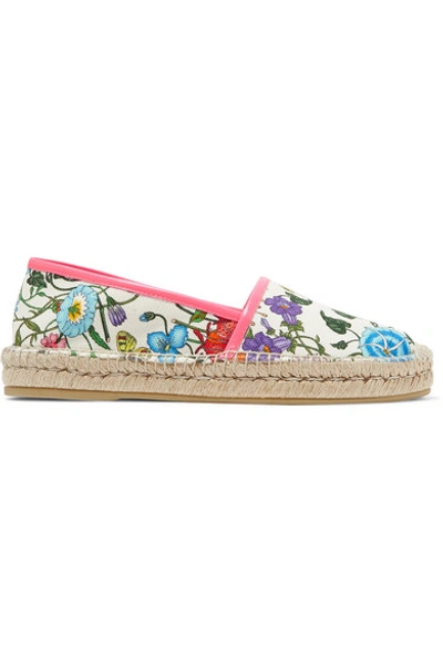 Shop Gucci Leather-trimmed Floral-print Canvas Espadrilles