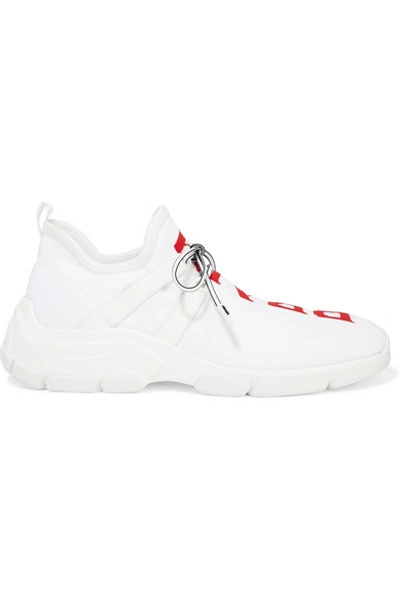 Shop Prada Leather-trimmed Logo-intarsia Stretch-knit Sneakers In White