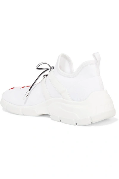 Shop Prada Leather-trimmed Logo-intarsia Stretch-knit Sneakers In White