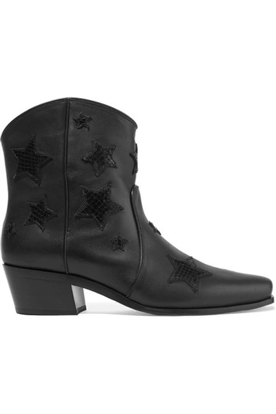 Shop Miu Miu Embroidered Smooth And Snake-effect Leather Ankle Boots In Black