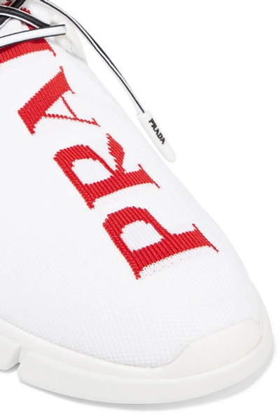 Shop Prada Leather-trimmed Logo-intarsia Stretch-knit Sneakers In White