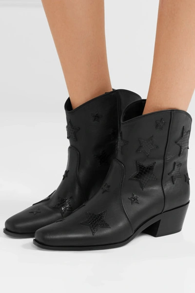 Shop Miu Miu Embroidered Smooth And Snake-effect Leather Ankle Boots In Black