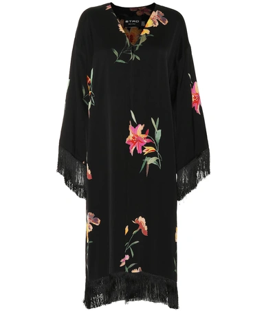 Shop Etro Fringe-trimmed Floral Crêpe Kimono In Black