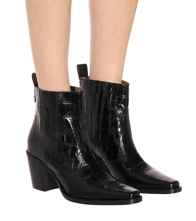 Shop Ganni Western Embossed Leather Boots In Black