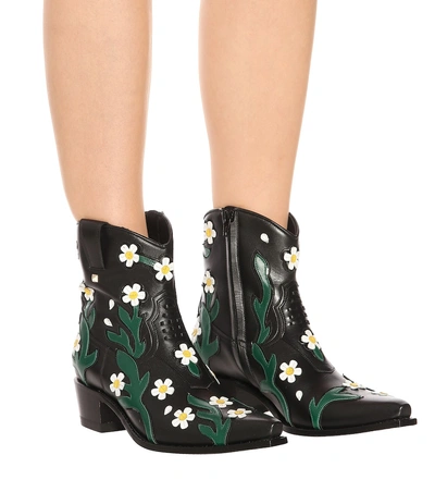 Shop Valentino Ranch Flowers 40 Leather Ankle Boots In Black