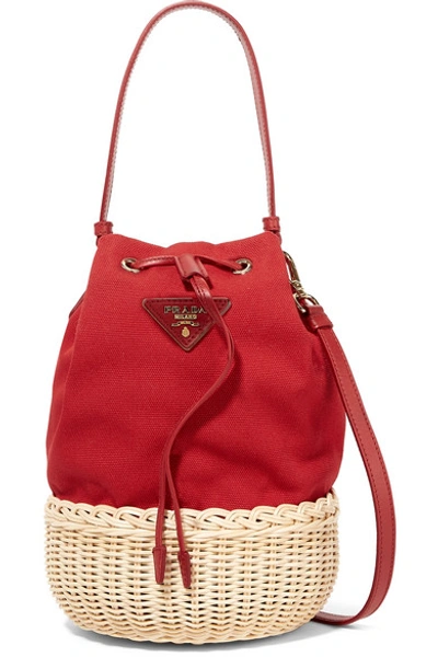 Shop Prada Giardiniera Leather-trimmed Canvas And Wicker Shoulder Bag In Red