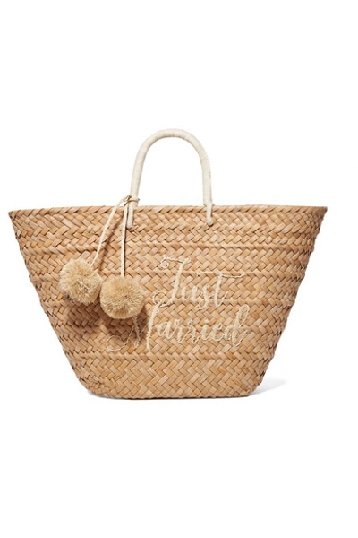 Shop Kayu St Tropez Pompom-embellished Embroidered Woven Straw Tote In Sand