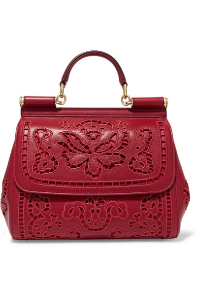 Shop Dolce & Gabbana Sicily Medium Cutout Embroidered Leather Tote In Red
