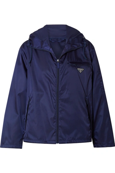 Shop Prada Appliquéd Hooded Shell Jacket In Navy