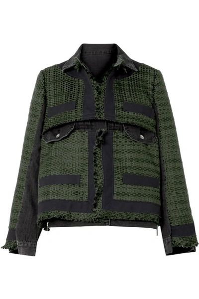 Shop Sacai Paneled Canvas-trimmed Tweed And Denim Jacket In Army Green