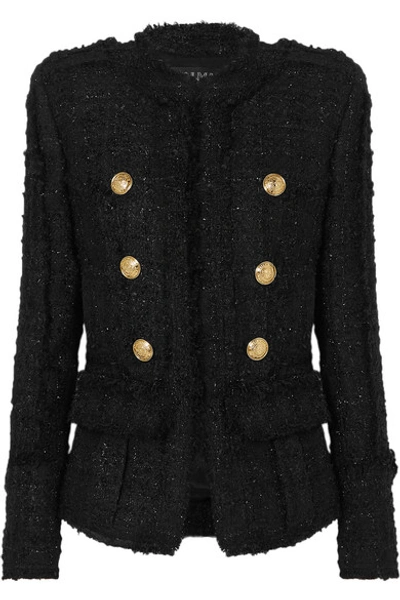 Shop Balmain Double-breasted Frayed Metallic Tweed Blazer In Black