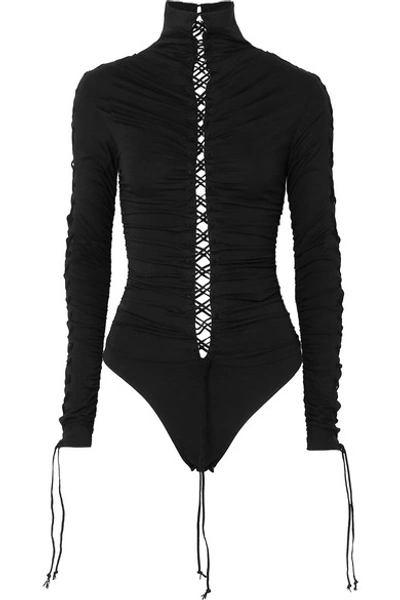 Shop Ben Taverniti Unravel Project Lace-up Stretch-jersey Bodysuit In Black