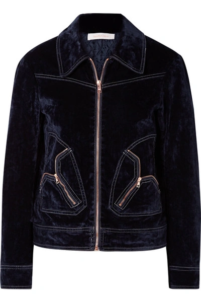 Shop See By Chloé Cotton-blend Velvet Bomber Jacket In Midnight Blue