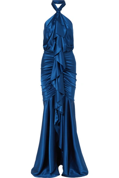 Shop Alexandre Vauthier Open-back Ruffled Stretch Silk-satin Halterneck Gown In Royal Blue