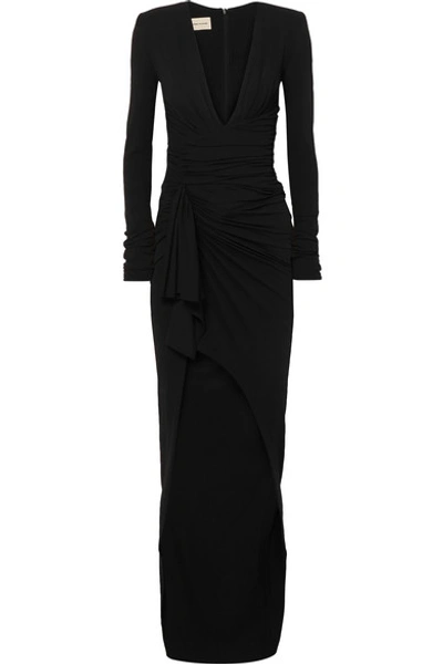 Shop Alexandre Vauthier Tie-front Ruched Stretch-crepe Gown In Black