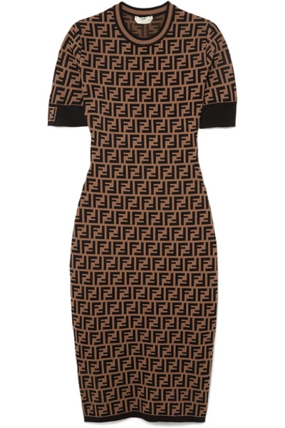Shop Fendi Stretch Jacquard-knit Dress In Dark Brown