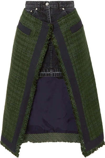 Shop Sacai Paneled Asymmetric Canvas-trimmed Tweed And Denim Skirt In Army Green