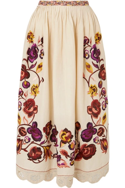 Shop Ulla Johnson Yana Embroidered Linen And Cotton-blend Midi Skirt In White