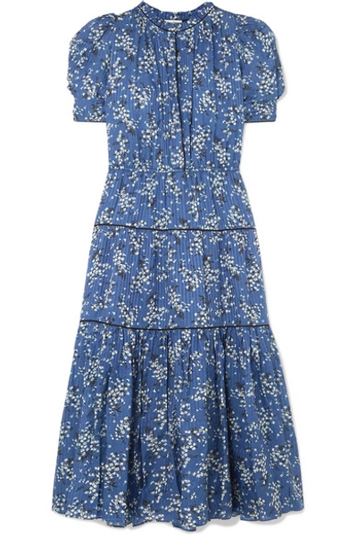Shop Ulla Johnson Corrine Floral-print Cotton And Silk-blend Dress In Blue