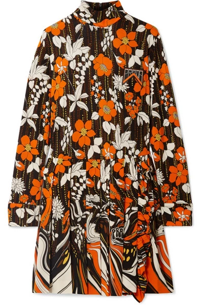 Shop Prada Appliquéd Pleated Floral-print Jersey Mini Dress In Orange