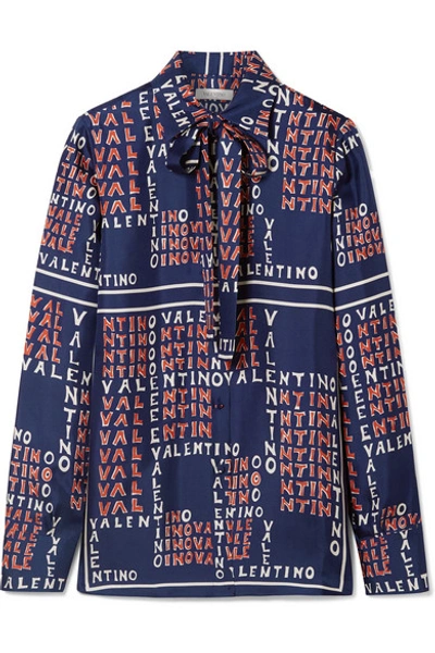 Shop Valentino Pussy-bow Printed Silk-twill Shirt In Navy