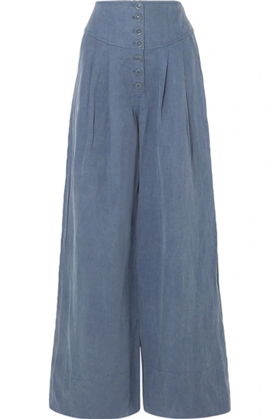 Shop Ulla Johnson Reid Chambray Wide-leg Pants In Mid Denim