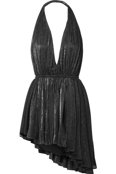 Shop Saint Laurent Asymmetric Striped Lamé Halterneck Mini Dress