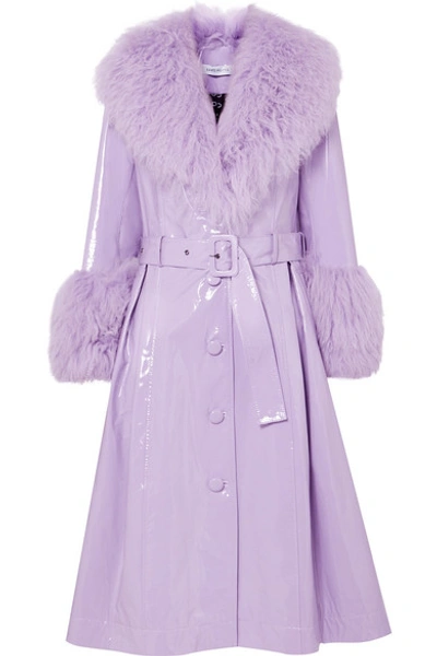 Shop Saks Potts Belted Shearling-trimmed Patent-leather Coat In Lavender