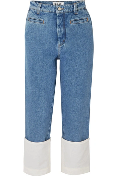 Shop Loewe Fisherman Cotton Poplin-paneled Cropped Boyfriend Jeans In Indigo