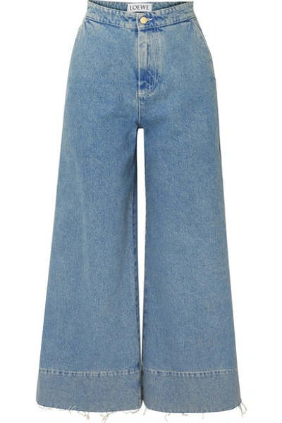 Shop Loewe Frayed Cropped High-rise Wide-leg Jeans In Indigo