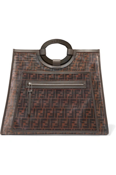 Shop Fendi Runaway Large Leather-trimmed Printed Mesh Tote In Dark Brown