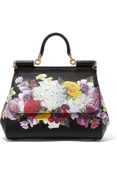 Shop Dolce & Gabbana Sicily Medium Floral-print Textured-leather Tote In Black