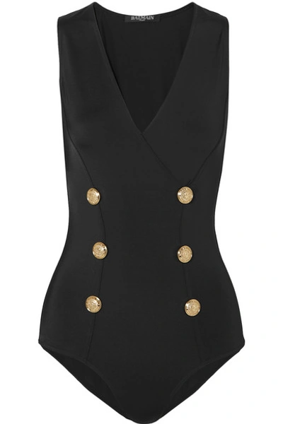 Shop Balmain Button-embellished Stretch-jersey Bodysuit In Black