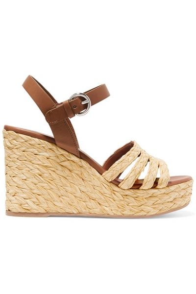 Shop Prada 105 Leather And Woven Raffia Espadrille Wedge Sandals