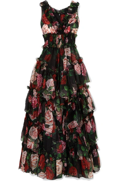 Shop Dolce & Gabbana Ruffled Tiered Floral-print Silk-chiffon Gown In Black