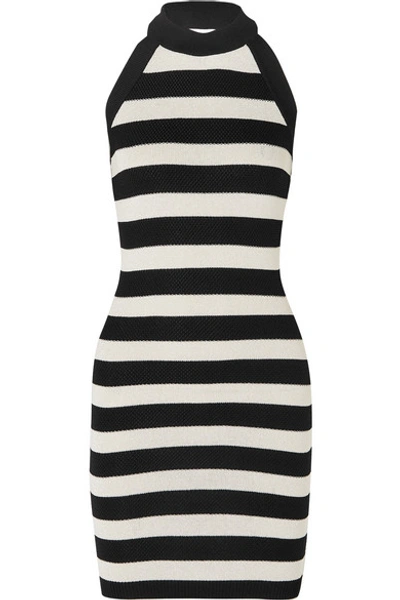 Shop Balmain Striped Stretch-knit Halterneck Mini Dress In Black