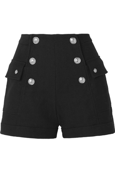 Shop Balmain Button-embellished Cotton Shorts In Black