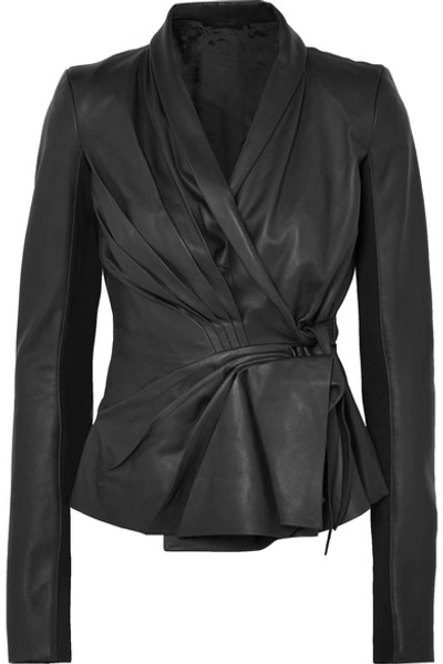 Shop Rick Owens Pleated Leather Wrap Jacket In Black