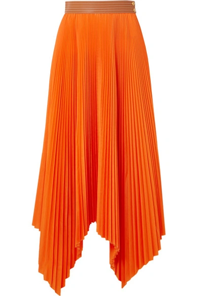Shop Loewe Asymmetric Leather-trimmed Pleated Poplin Midi Skirt In Orange