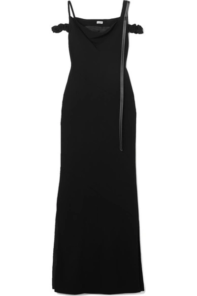 Shop Loewe Cold-shoulder Leather-trimmed Crepe Maxi Dress In Black