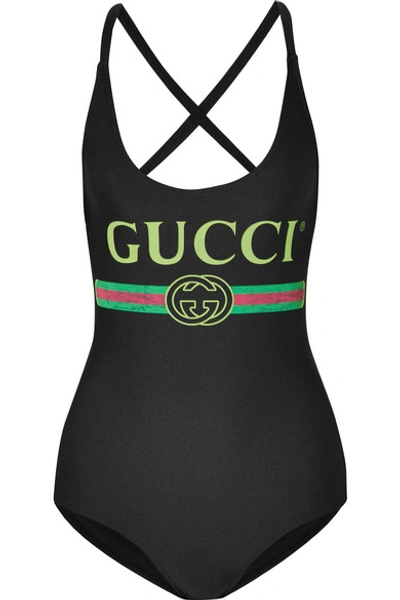 Shop Gucci Printed Stretch Bodysuit In Black