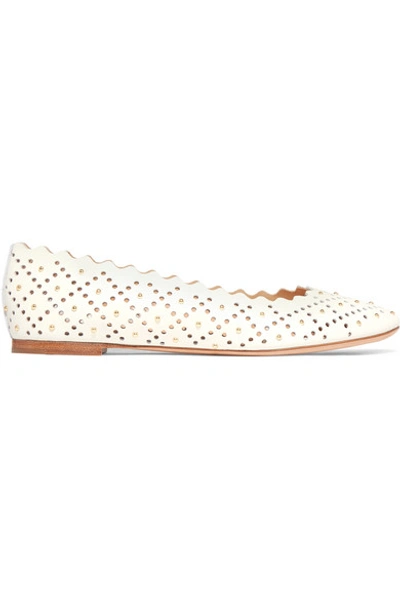 Shop Chloé Lauren Scalloped Studded Laser-cut Leather Ballet Flats In White