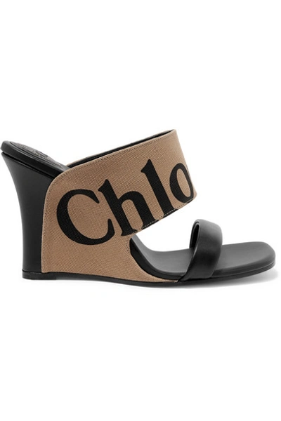 Shop Chloé Verena Logo-print Canvas And Leather Wedge Sandals In Dark Brown