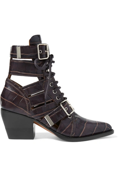 Shop Chloé Rylee Cutout Croc-effect Leather Ankle Boots In Chocolate