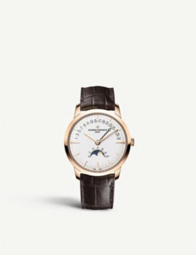 Shop Vacheron Constantin 4010u/000r-b329 Patrimony Moon Phase Retrogra Date18ct Rose-gold And Calfskin-leather Self-winding W In Brown/rose Gold