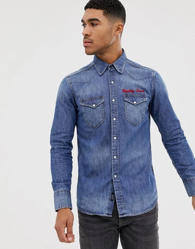 Replay Embroidered Denim Shirt In Blue - Blue | ModeSens