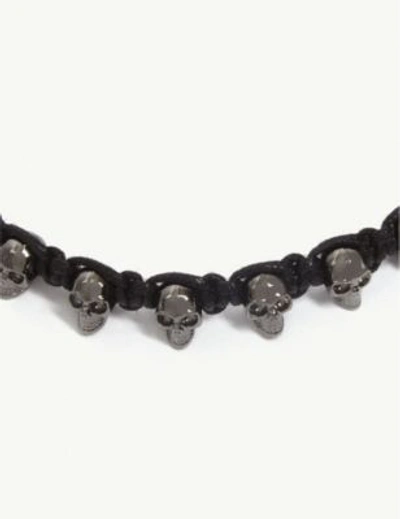 Shop Alexander Mcqueen Skull Embellished Leather Friendship Bracelet In Ruthenium